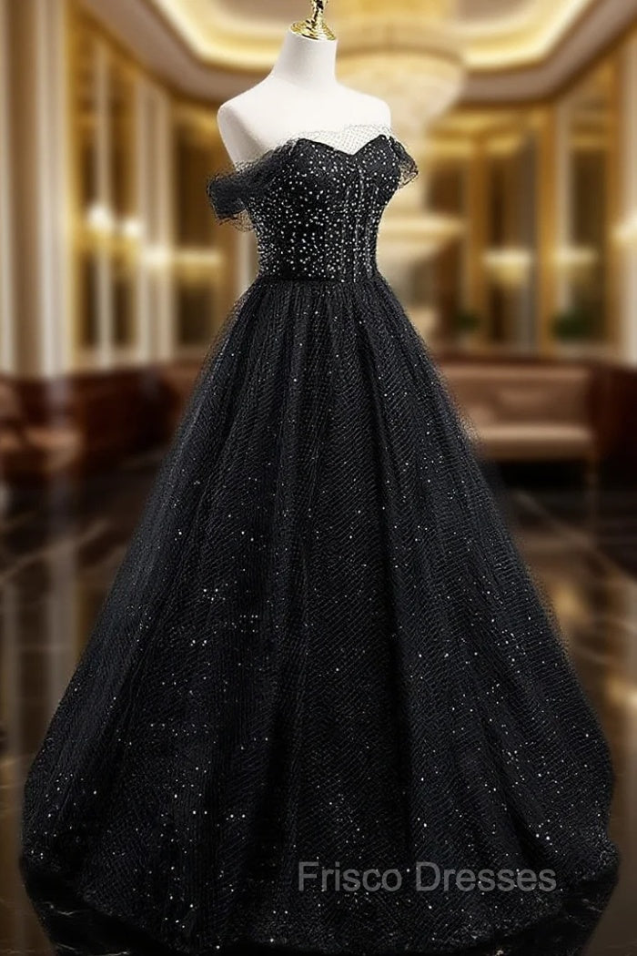 Black Sweetheart Off Shoulder Tulle Long Formal Prom Dress, Black Evening Dress