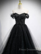 Black Sweetheart Off Shoulder Tulle Long Formal Prom Dress, Black Evening Dress