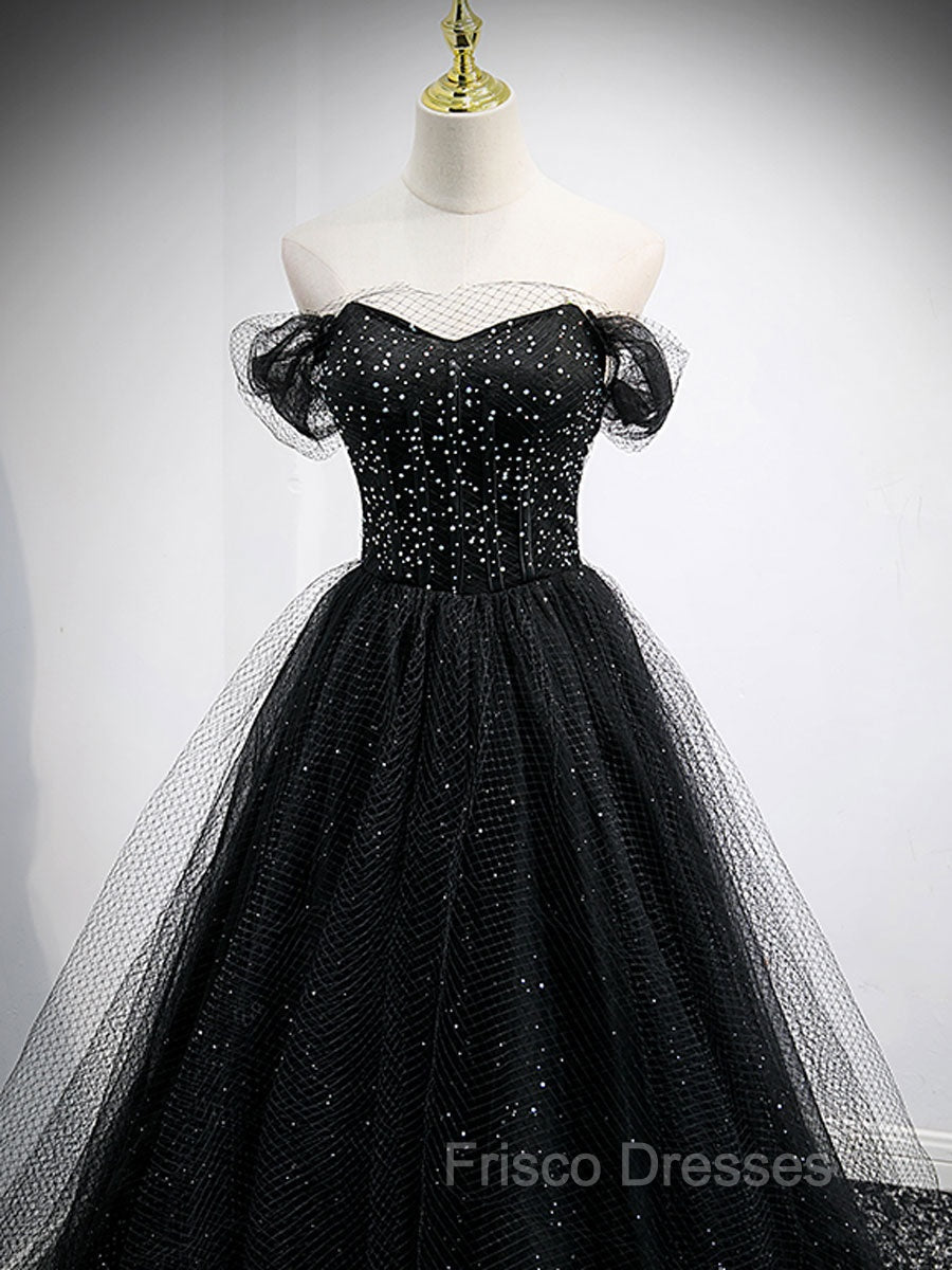 Black Sweetheart Off Shoulder Tulle Long Formal Prom Dress, Black Evening Dress