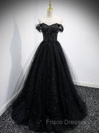 Black Sweetheart Off Shoulder Tulle Long Formal Prom Dress, Black Evening Dress