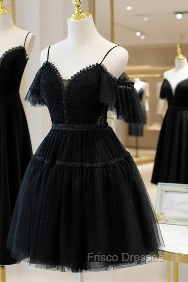 Black Sweetheart Straps Tulle Homecoming Dress, Black Off Shoulder Formal Prom Dress