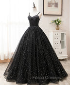 Black Sweetheart Straps Tulle Long Evening Gown, Sleeveless Floor-Length Formal Prom Dress