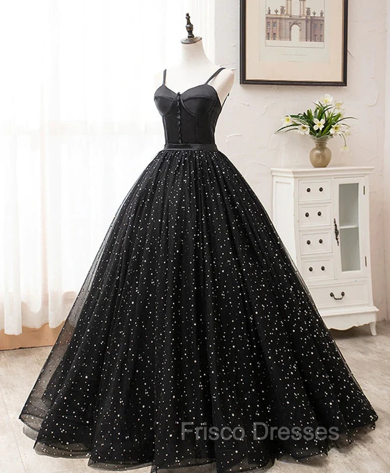 Black Sweetheart Straps Tulle Long Evening Gown, Sleeveless Floor-Length Formal Prom Dress