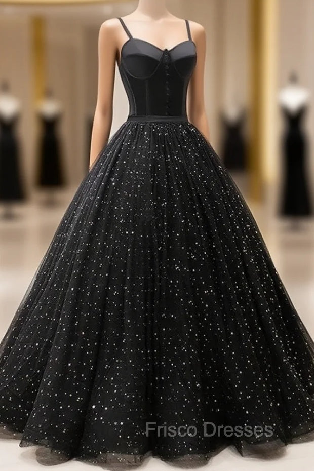 Black Sweetheart Straps Tulle Long Evening Gown, Sleeveless Floor-Length Formal Prom Dress