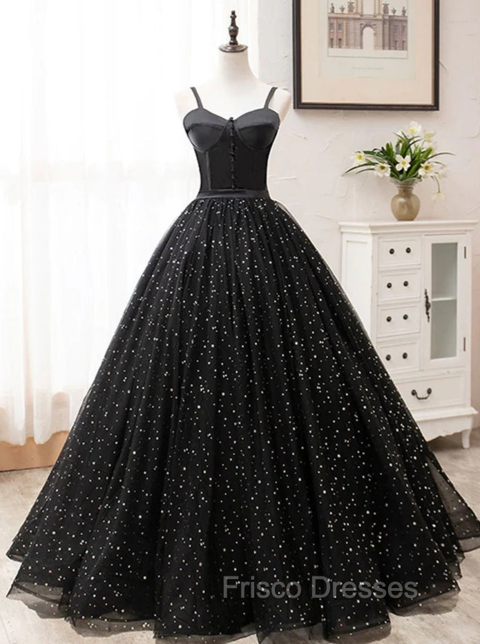 Black Sweetheart Straps Tulle Long Evening Gown, Sleeveless Floor-Length Formal Prom Dress Main image