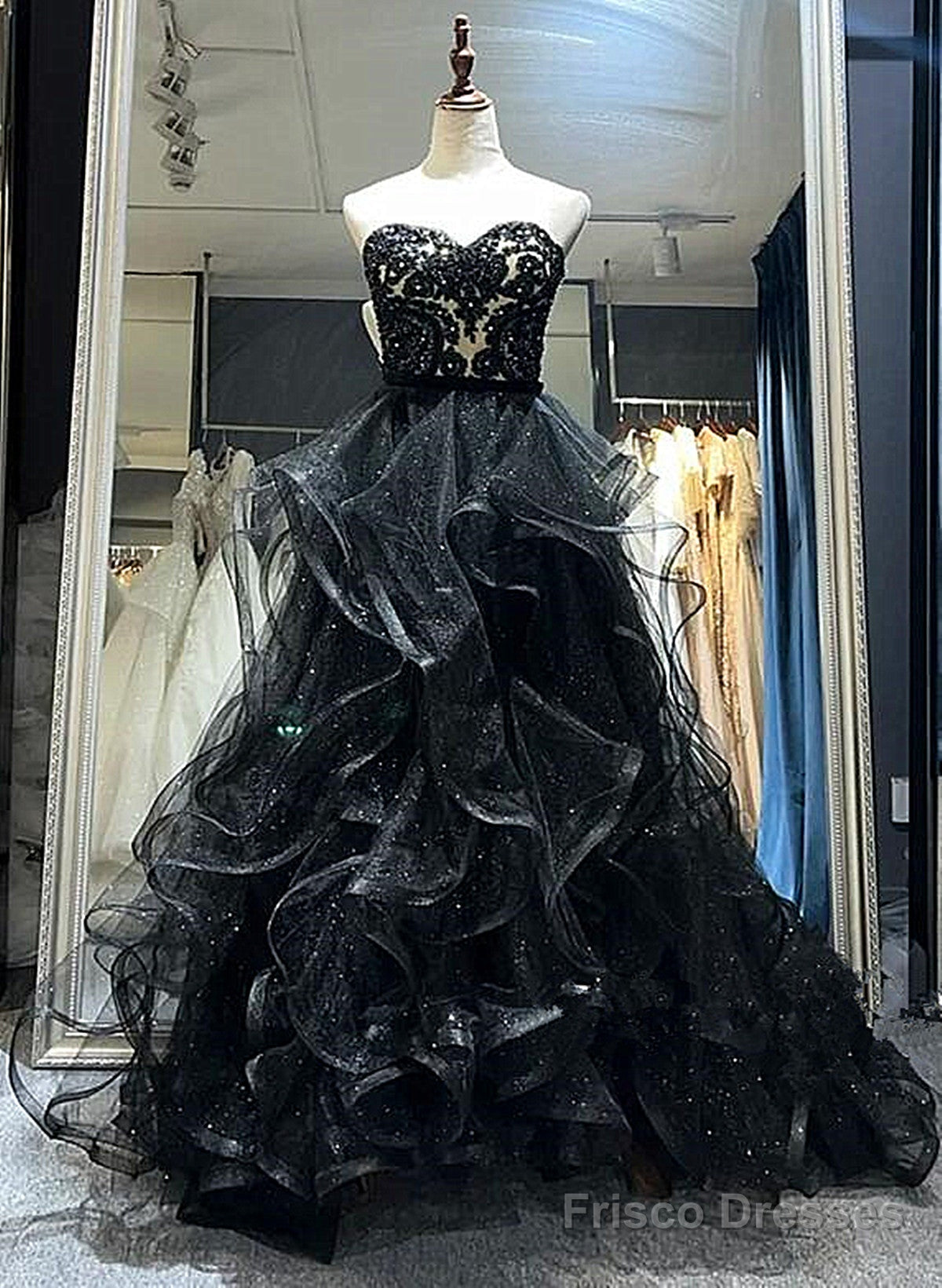 Black Sweetheart Tulle Layers Long Party Dress, Black Tulle Lace Prom Dress Main image
