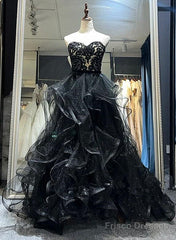 Black Sweetheart Tulle Layers Long Party Dress, Black Tulle Lace Prom Dress