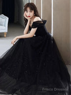 Black Sweetheart Tulle Off Shoulder A-Line Prom Dress, Straps Shiny Black Evening Dress
