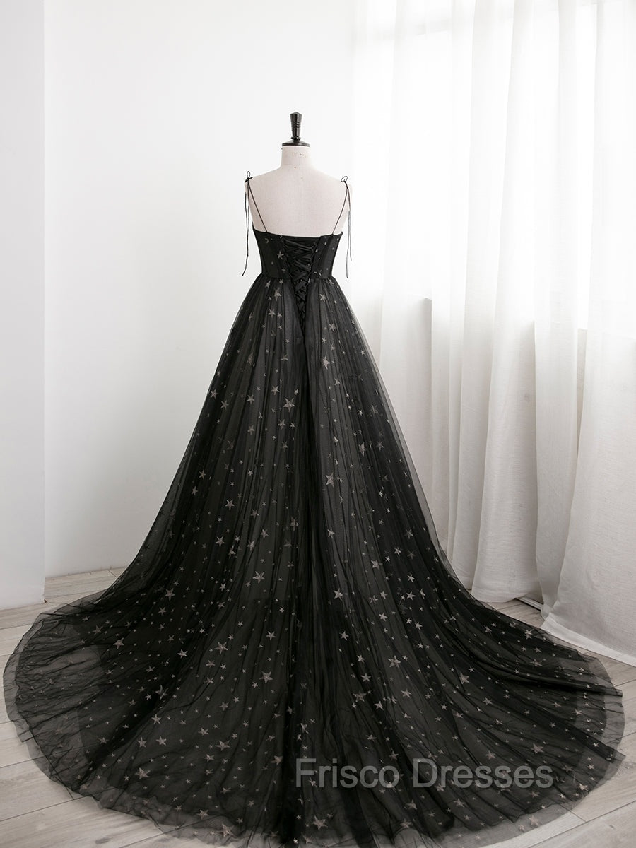 Black Sweetheart Tulle Straps Long Formal Dress, Black Evening Party Dress