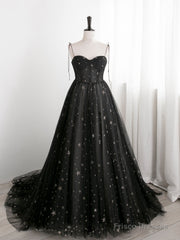 Black Sweetheart Tulle Straps Long Formal Dress, Black Evening Party Dresses