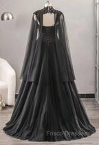 Black Sweetheart Tulle with Lace Long Sweet 16 Dress, Black Formal Dress with Cape