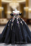 Black Tulle 3D Flower Off the Shoulder Formal Prom Dress