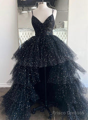 Black Tulle A-Line Layers Long Party Dress, Black Tulle Prom Dress