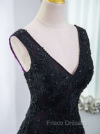 Black Tulle A-Line V-Neck Purple Satin Lace Applique Long Formal Prom Dress With Beadings