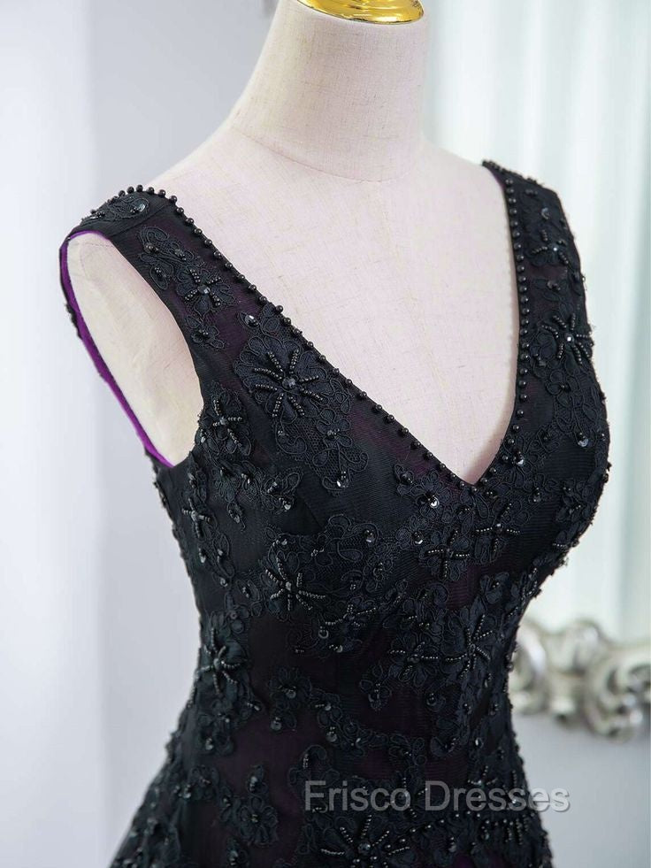 Black Tulle A-Line V-Neck Purple Satin Lace Applique Long Formal Prom Dress With Beadings