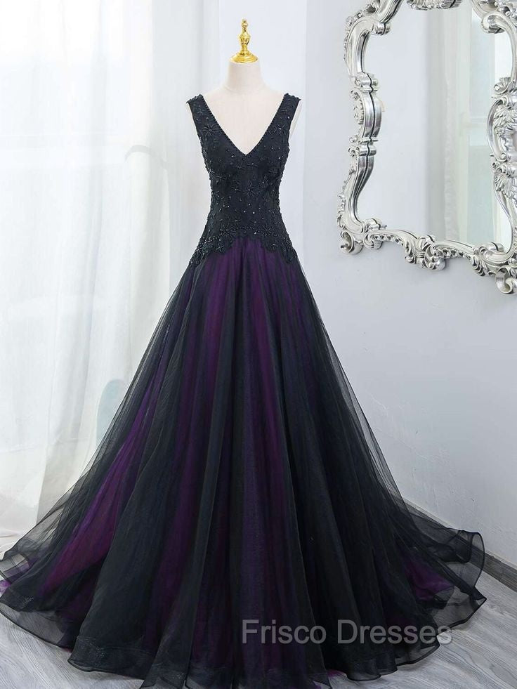 Black Tulle A-Line V-Neck Purple Satin Lace Applique Long Formal Prom Dress With Beadings