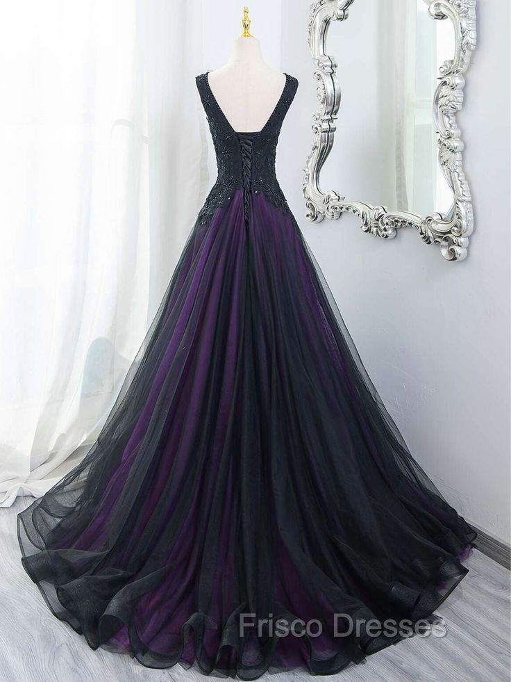 Black Tulle A-Line V-Neck Purple Satin Lace Applique Long Formal Prom Dress With Beadings