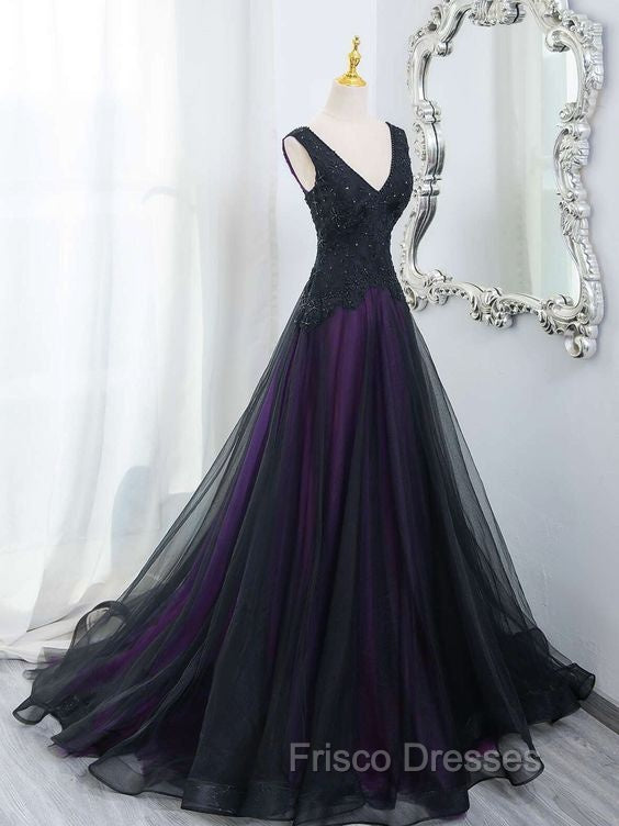 Black Tulle A-Line V-Neck Purple Satin Lace Applique Long Formal Prom Dress With Beadings