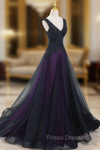 Black Tulle A-Line V-Neck Purple Satin Lace Applique Long Formal Prom Dress With Beadings