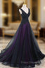 Black Tulle A-Line V-Neck Purple Satin Lace Applique Long Formal Prom Dress With Beadings