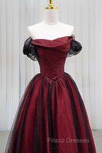 Black Tulle And Burgundy Satin Long Formal Prom Dress, Charming A-Line Party Dress