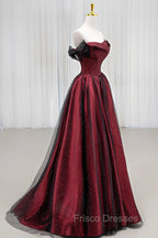 Black Tulle And Burgundy Satin Long Formal Prom Dress, Charming A-Line Party Dress