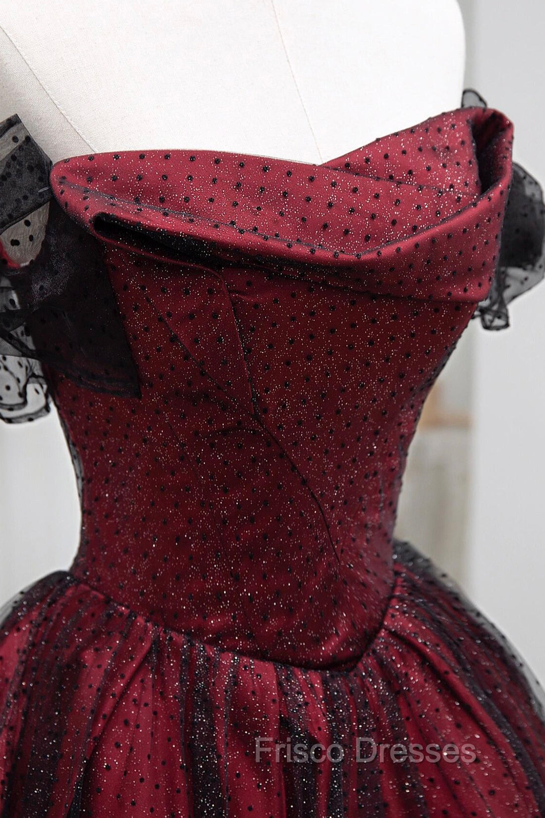 Black Tulle And Burgundy Satin Long Formal Prom Dress, Charming A-Line Party Dress