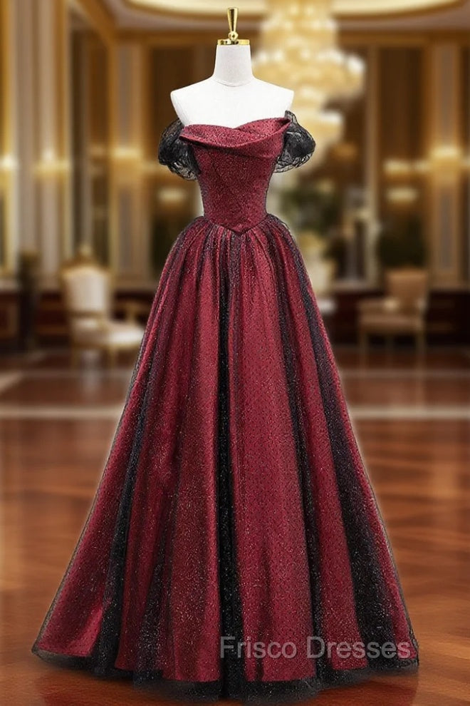 Black Tulle And Burgundy Satin Long Formal Prom Dress, Charming A-Line Party Dress Main image