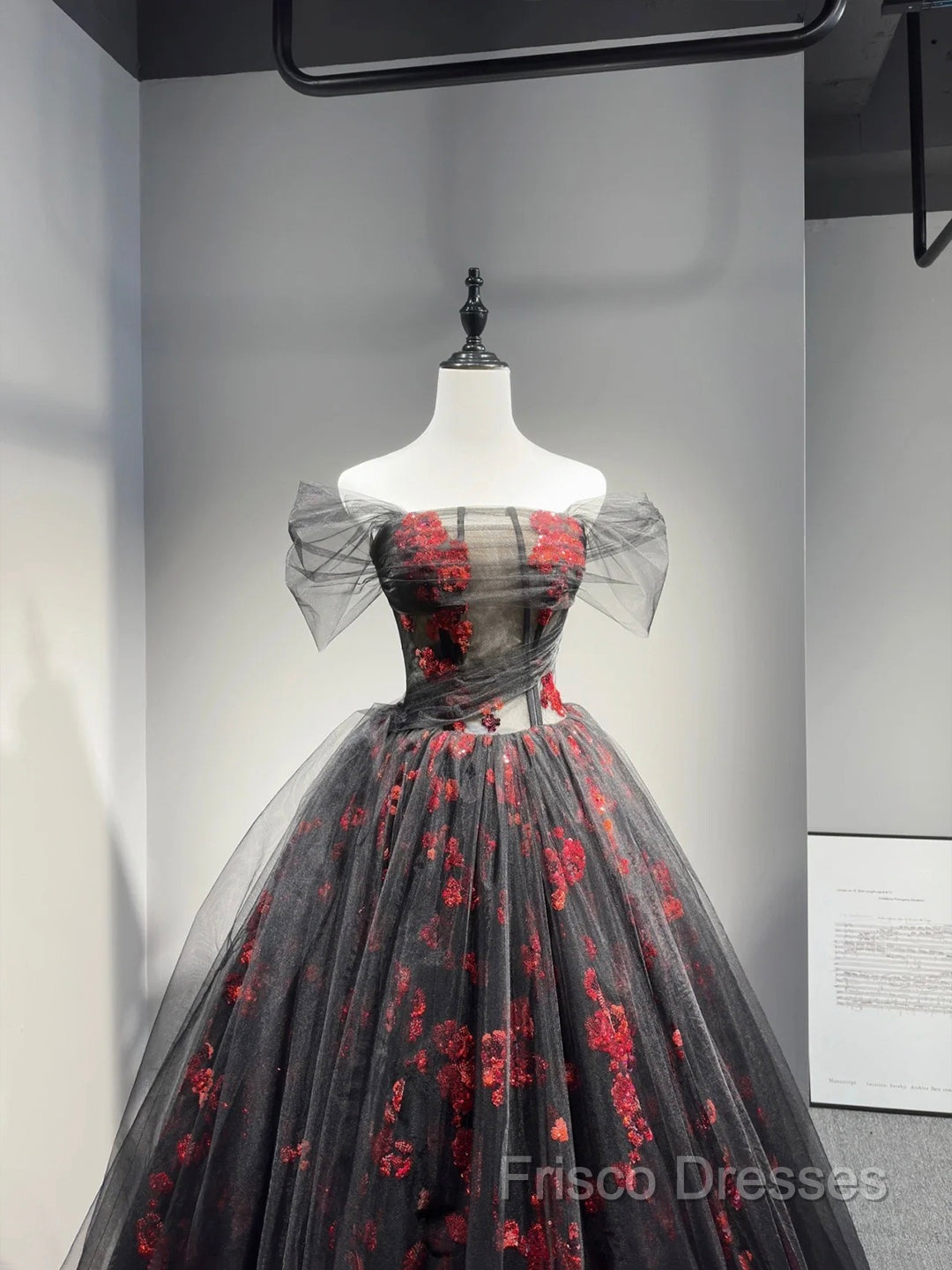 Black Tulle And Red Sequins Floor Length Formal Prom Dress, Off The Shoulder Formal Party Dress Secondary image