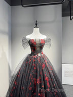 Black Tulle And Red Sequins Floor Length Formal Prom Dress, Off The Shoulder Formal Party Dress