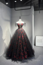 Black Tulle And Red Sequins Floor Length Formal Prom Dress, Off The Shoulder Formal Party Dress