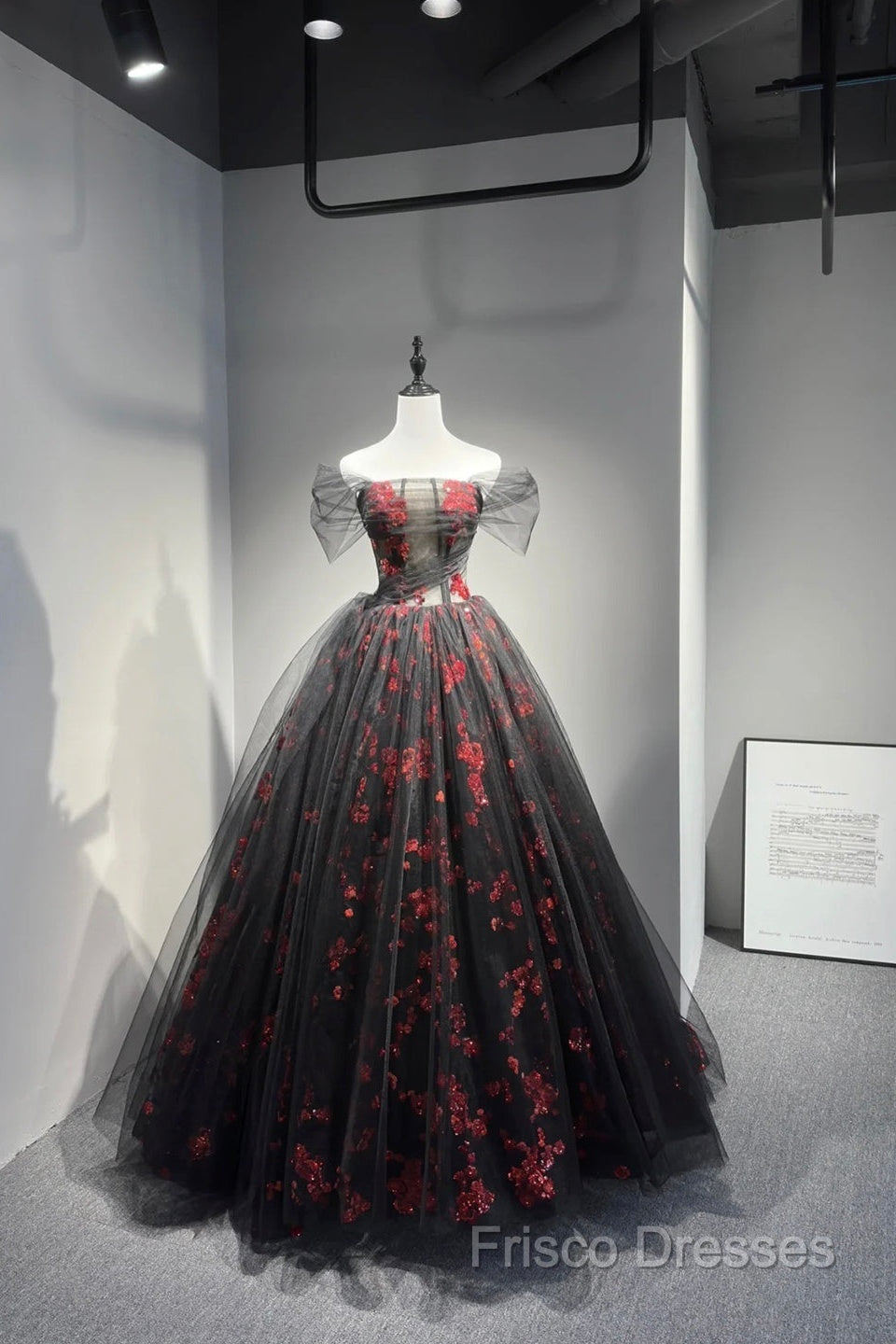 Black Tulle And Red Sequins Floor Length Formal Prom Dress, Off The Shoulder Formal Party Dress
