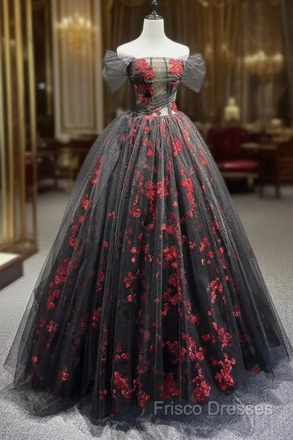 Black Tulle And Red Sequins Floor Length Formal Prom Dress, Off The Shoulder Formal Party Dress