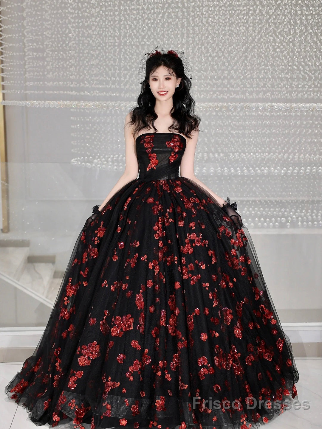 Black Tulle And Red Sequins Long Formal Dress, A-Line Strapless Evening Party Dress Main image