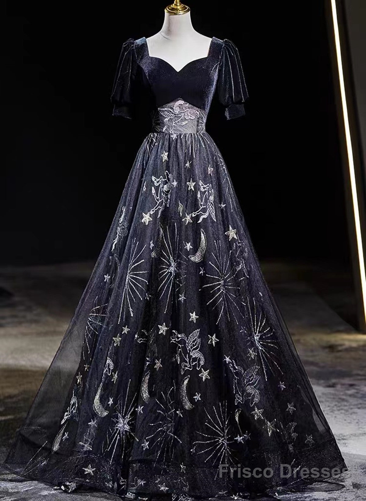 Black Tulle And Velvet A-Line Long Party Dress, Black Long Prom Dress Main image