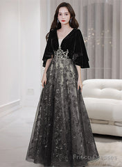 Black Tulle And Velvet Chic Long A-Line Prom Dress, Black Formal Dress