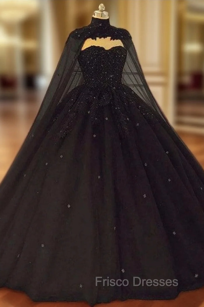 Black Tulle Ball Gown Wedding Party Dress with Cap, Black Lace Formal Gown Main image