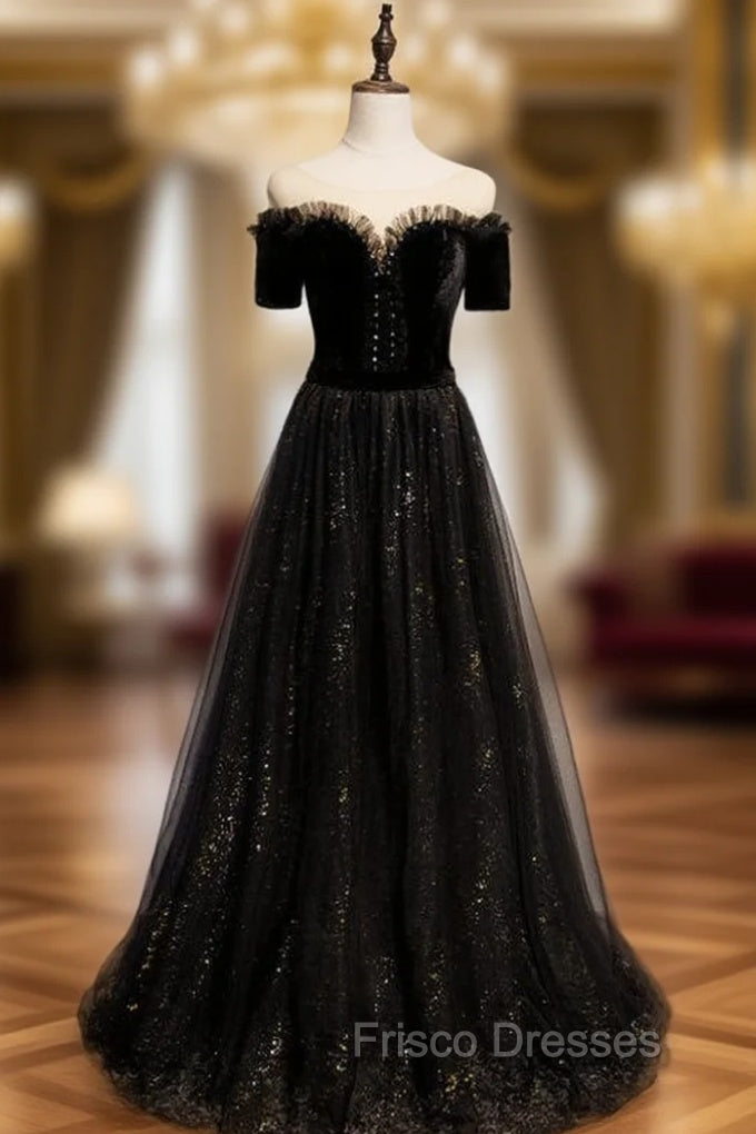 Black Tulle Bateau Short Sleeve Beading Formal Prom Dress