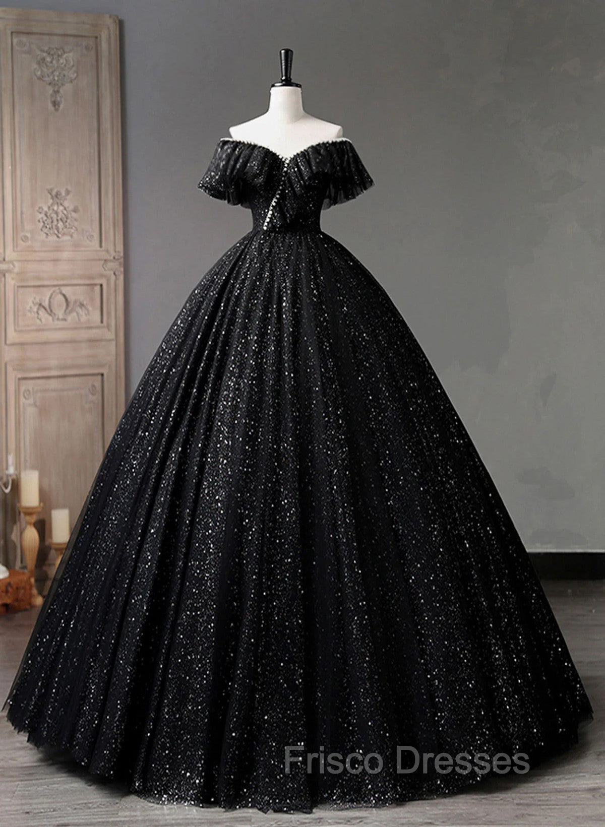 Black Tulle Beaded Long Formal Gown, Black Tulle A-line Formal Prom Dress Secondary image