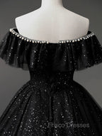 Black Tulle Beaded Long Formal Gown, Black Tulle A-line Formal Prom Dress