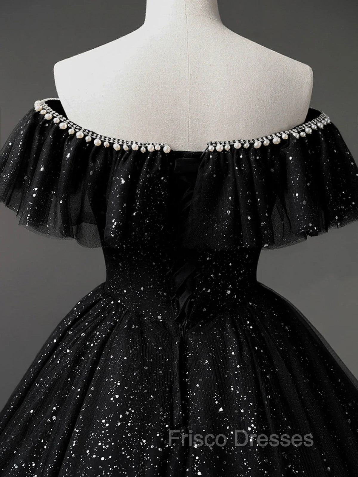 Black Tulle Beaded Long Formal Gown, Black Tulle A-line Formal Prom Dress
