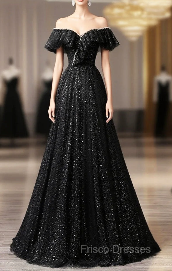 Black Tulle Beaded Long Formal Gown, Black Tulle A-line Formal Prom Dress