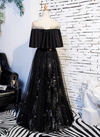 Black Tulle Beaded Long Party Dress, A-Line Black Formal Dress Formal Prom Dress