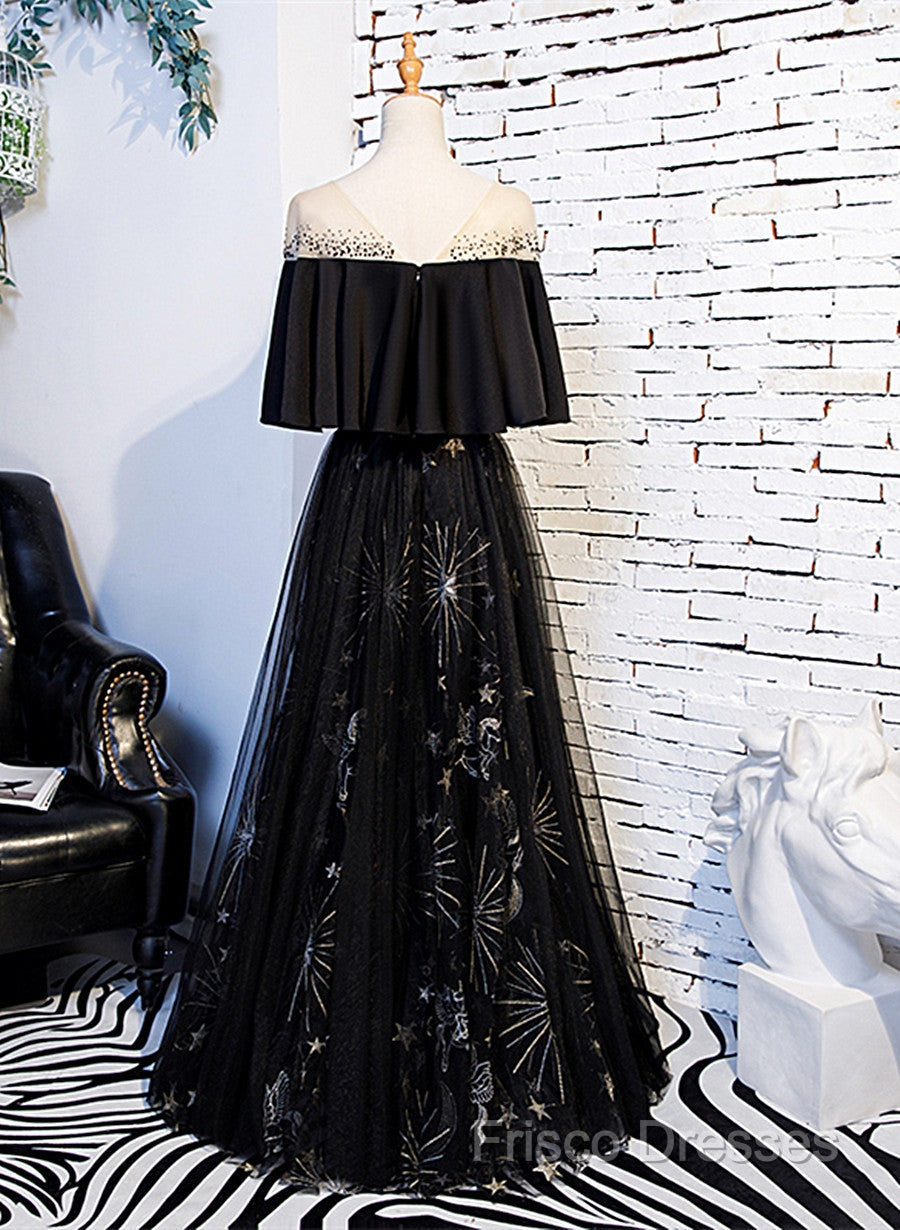 Black Tulle Beaded Long Party Dress, A-Line Black Formal Dress Formal Prom Dress