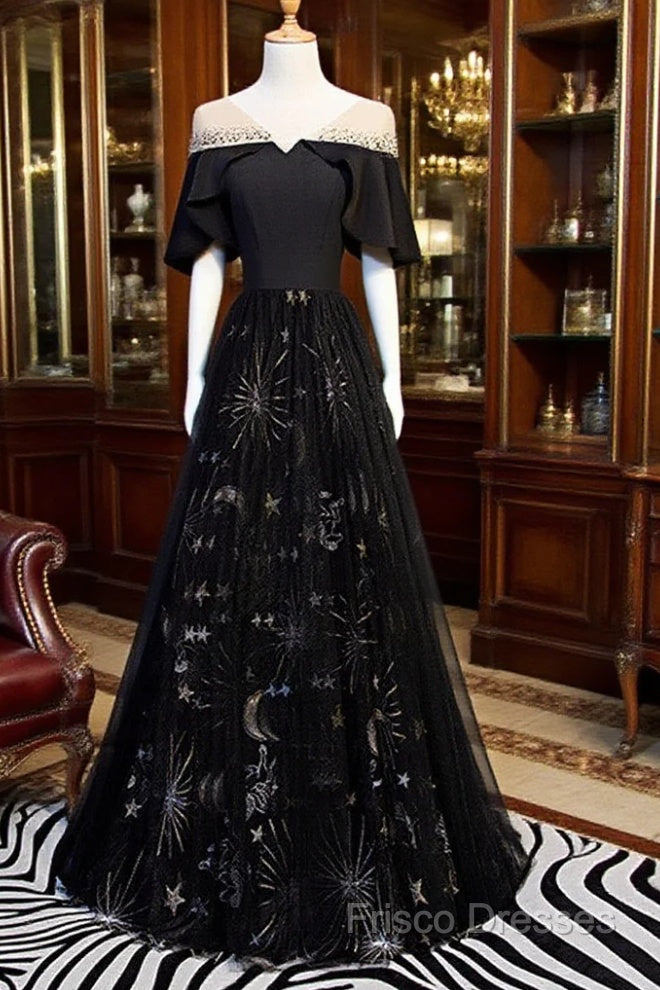 Black Tulle Beaded Long Party Dress, A-Line Black Formal Dress Formal Prom Dress Main image