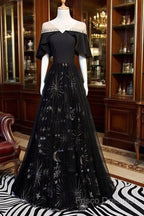 Black Tulle Beaded Long Party Dress, A-Line Black Formal Dress Formal Prom Dress