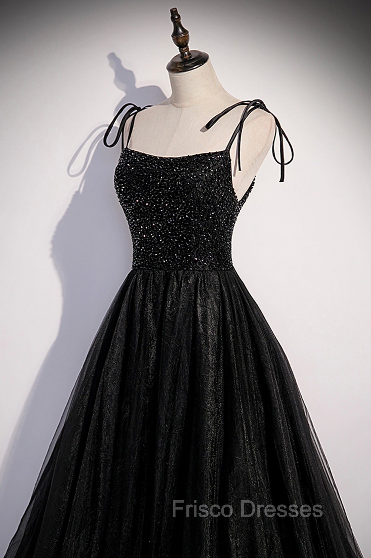 Black Tulle Beaded Long Formal Prom Dress, A-Line Spaghetti Straps Evening Dress