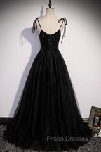 Black Tulle Beaded Long Formal Prom Dress, A-Line Spaghetti Straps Evening Dress