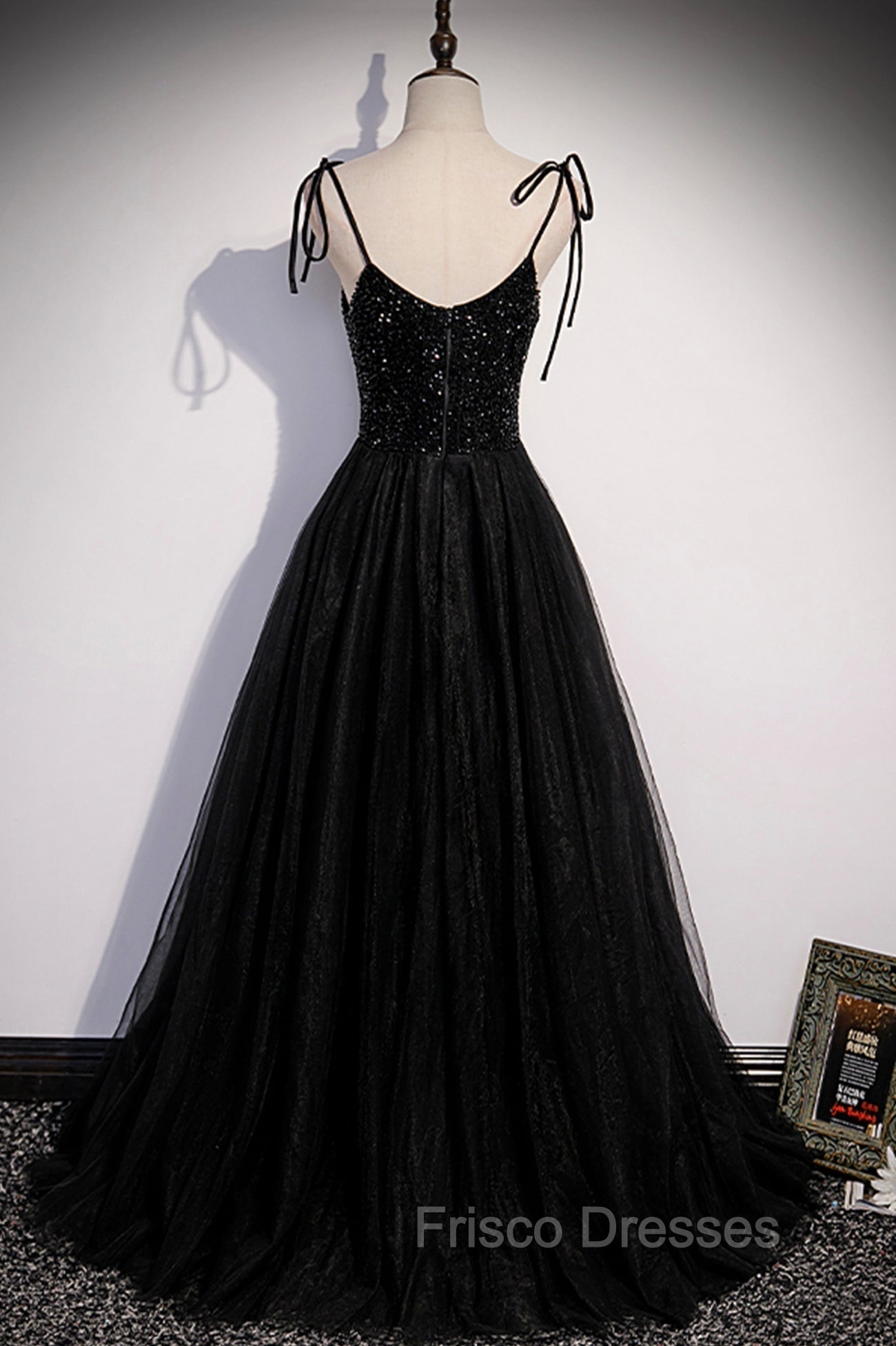 Black Tulle Beaded Long Formal Prom Dress, A-Line Spaghetti Straps Evening Dress