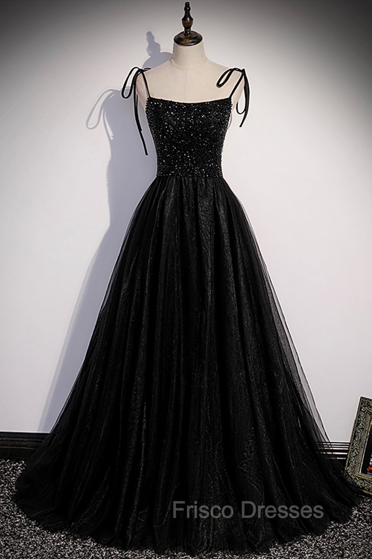 Black Tulle Beaded Long Formal Prom Dress, A-Line Spaghetti Straps Evening Dress Main image